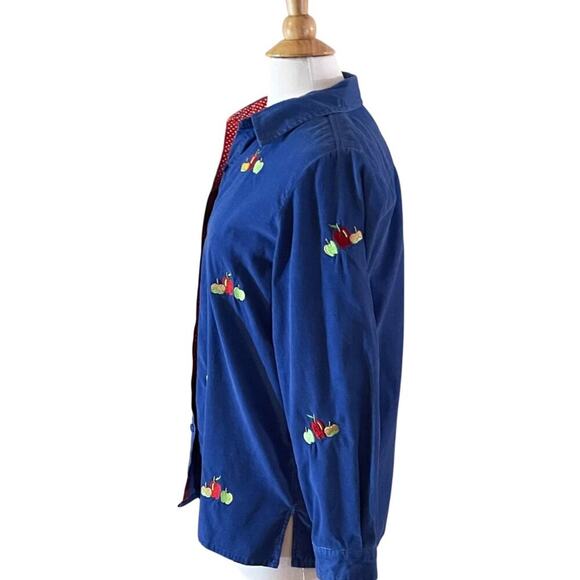 Quacker Factory Blue Corduroy Embroidered Button Down Shirt, Apple Print, Size S - Picture 4 of 13
